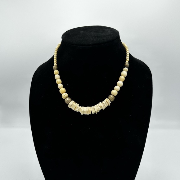 Vintage 60s Bone and Horn Bead Necklace, Brass Hardware - Picture 1 of 5